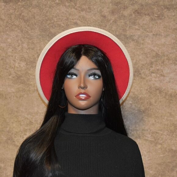 Cream with Red base Unisex Fedora Hat - Picture 2 of 2